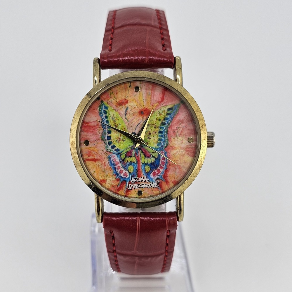 Leoma Lovegrove Women Watch 34MM Butterfly Dial NEW Red Leather Bands NEWBattery